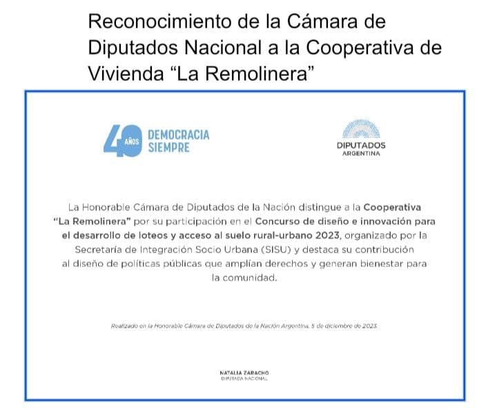 Reconocimiento de la Cámara de Diputados Nacional a la Cooperativa de Vivienda “La Remolinera”